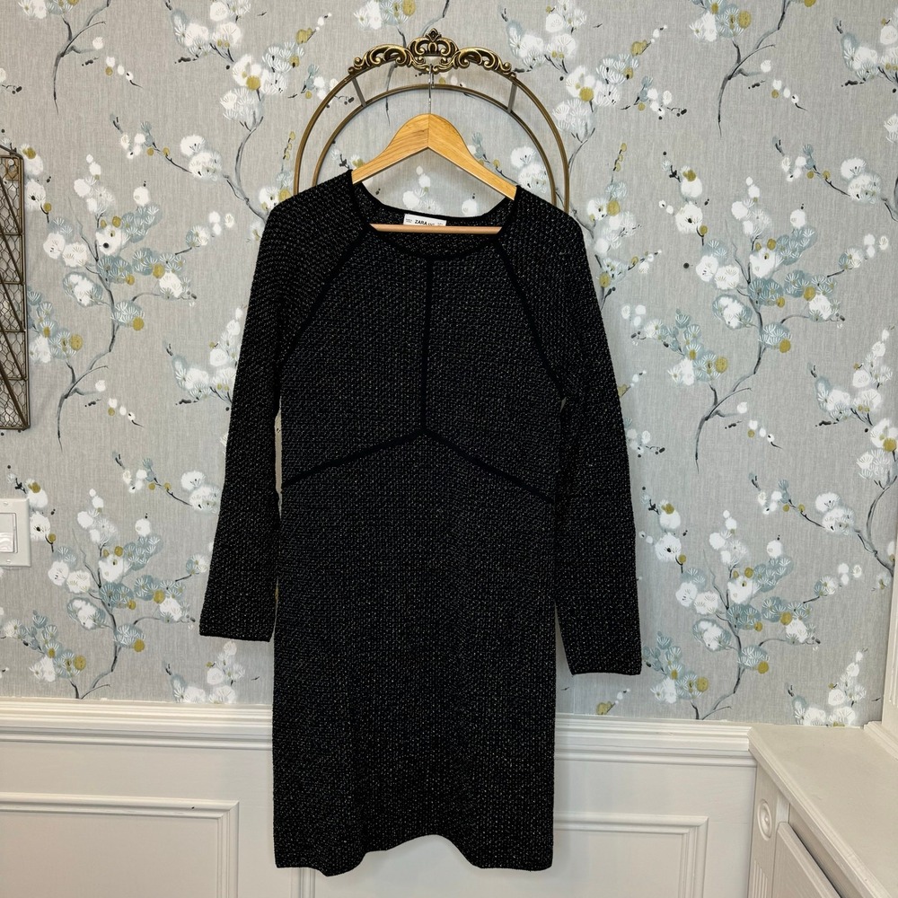 Zara Knit Black Long Sleeve‎ Dress with Gold Threading - Size Large - Picture 3 of 7